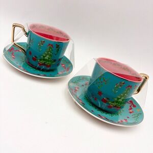 Monterey Bay Fine Porcelain Christmas Tree Teacup Saucer Set Turquoise Pink Gold
